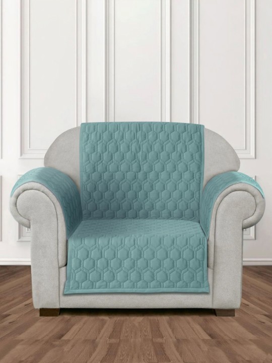 Sea Green Honey Comb Quilted Velvet 1 Seater Anti Skid Sofa Cover & 2 pcs Hand Rest