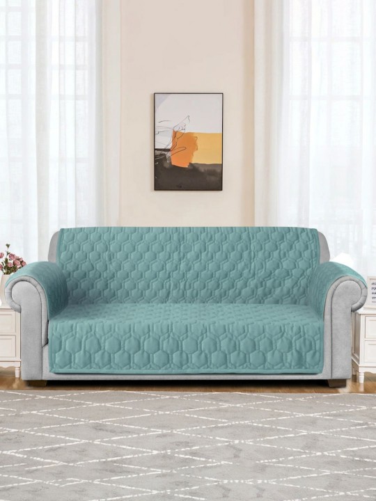 Sea Green Honey Comb Quilted Velvet 2 Seater Anti Skid Sofa Cover & 2 pcs Hand Rest