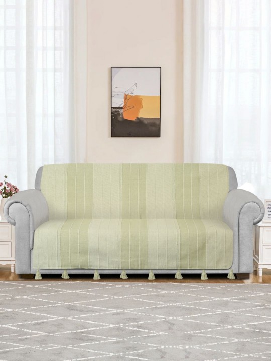 Sea Green Stripe Handwoven Cotton 2 Seater Anti Skid Sofa Cover