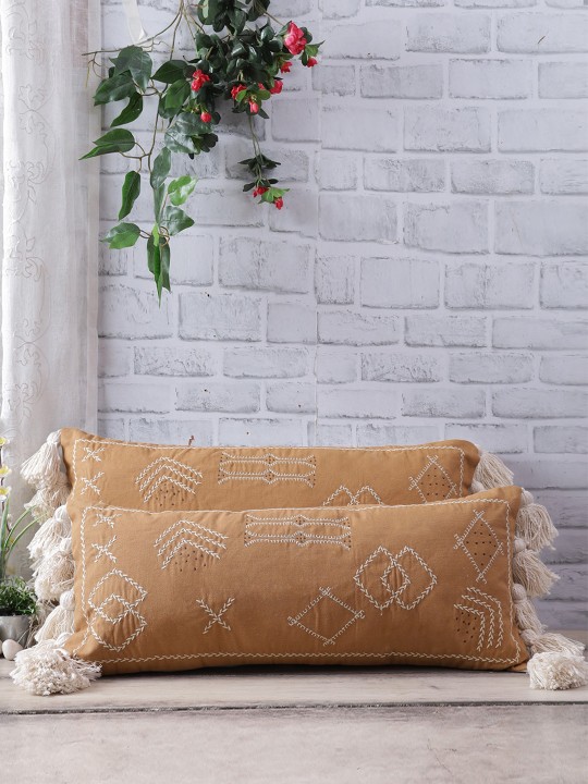 Mustard Yellow & White Embroidered Rectangle Cushion Covers | Set of 2 Cotton Covers