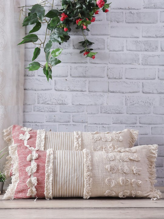 Off White & Red Tufted Rectangle Cushion Covers | Set of 2 Textured Cotton Covers