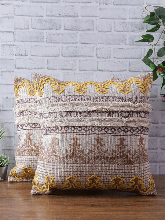 Off White & Yellow Ethnic Motifs Square Cushion Covers | Set of 2 Cotton Covers