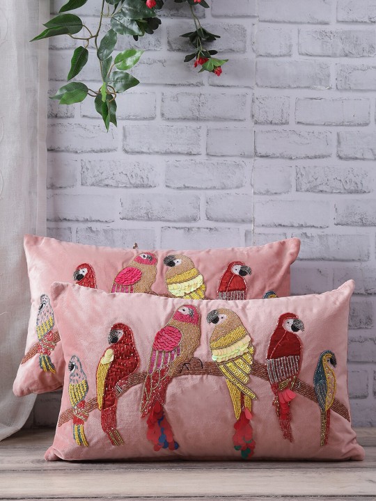 Peach & Red Velvet Embellished Cushion Covers | Set of 2 Rectangle Pillow Covers