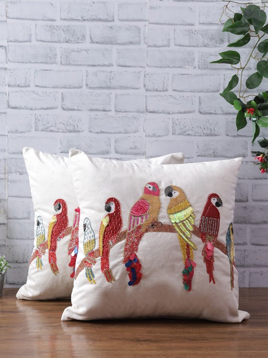 Turquoise Blue & Red Velvet Embellished Cushion Covers Set of 2 | Square Pillow Covers