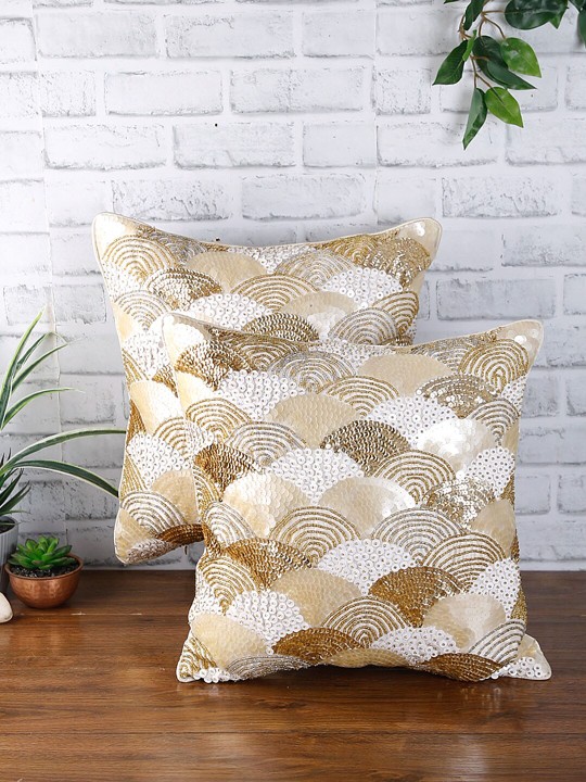 Set of 2 White & Gold-Coloured Embellished Square Velvet Cushion Covers