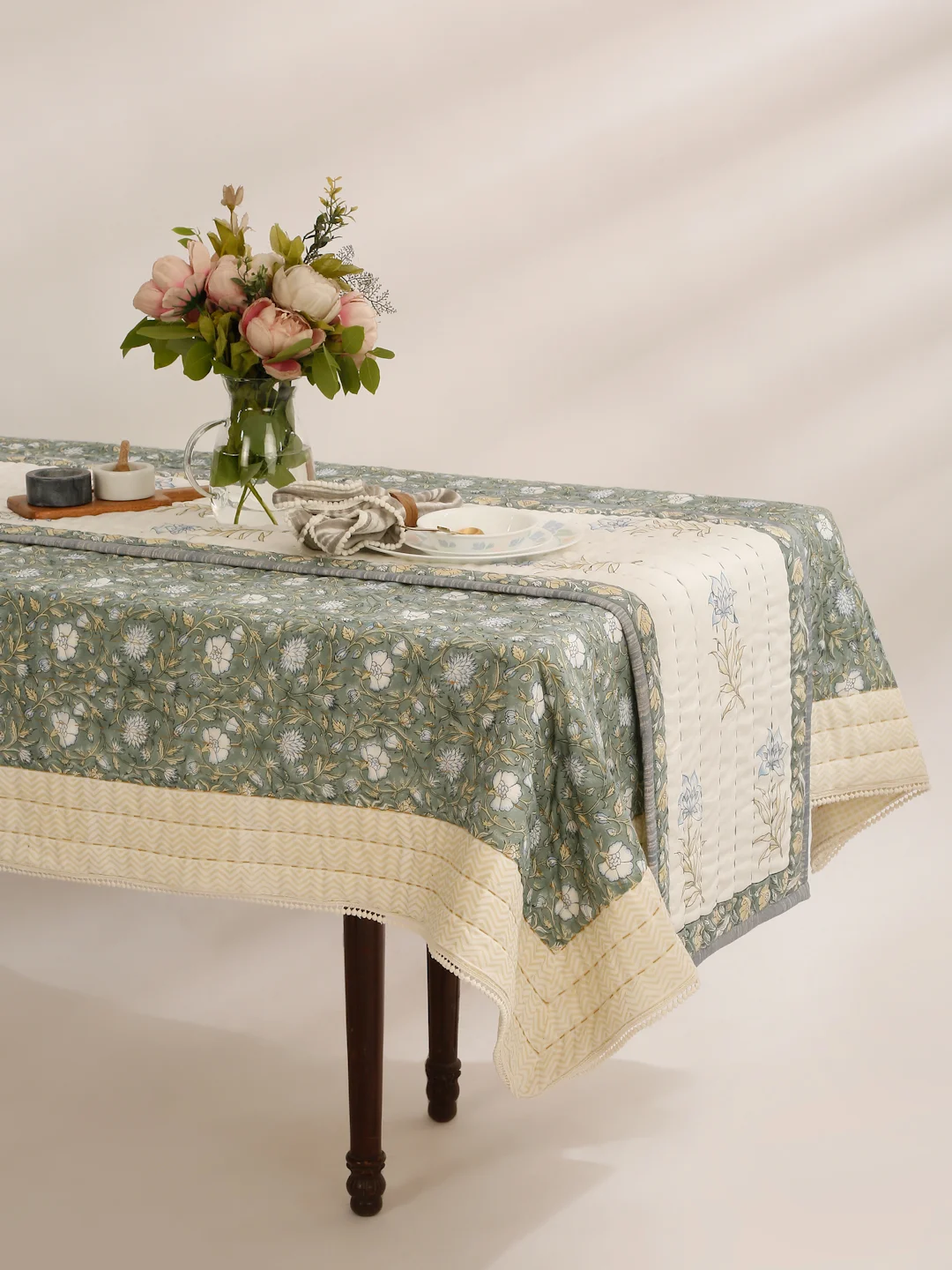 Floral Kantha Cotton Block Printed Table Runner | Handmade Indian Dining Decor | Quilted Boho Farmhouse Table Accent