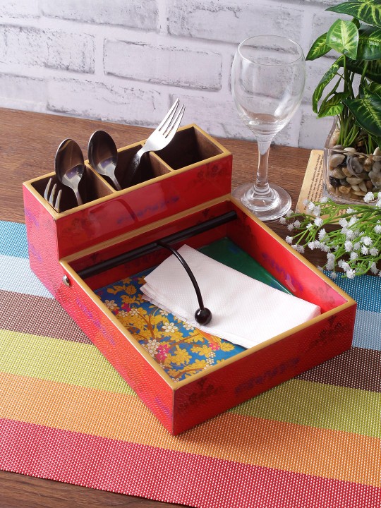 Teal Green & Red Spring Flowers Digital Printed MDF Cutlery and Tissue Holder