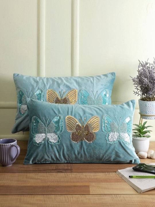 Turquoise Blue & Gold Velvet Embellished Cushion Covers | Set of 2 Rectangle Pillow Covers