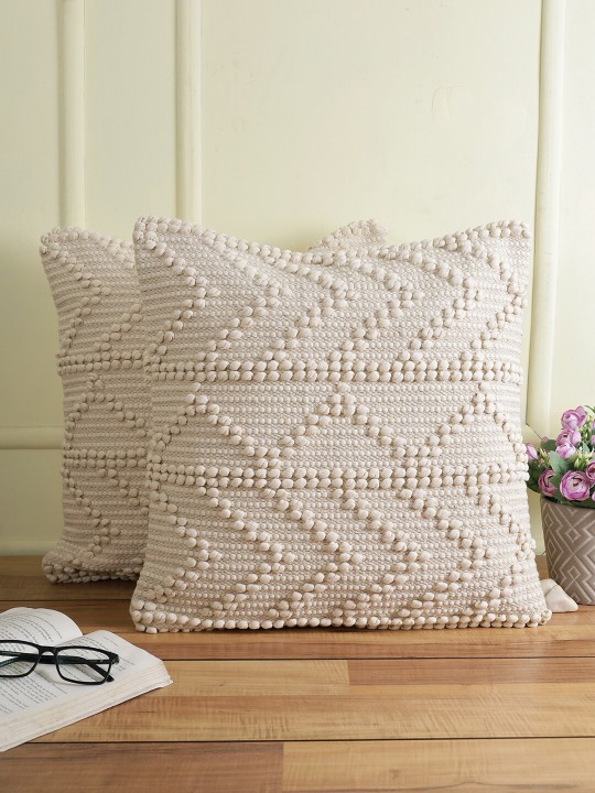 White Cotton Self Design Cushion Covers | Set of 2 Square Pillow Covers