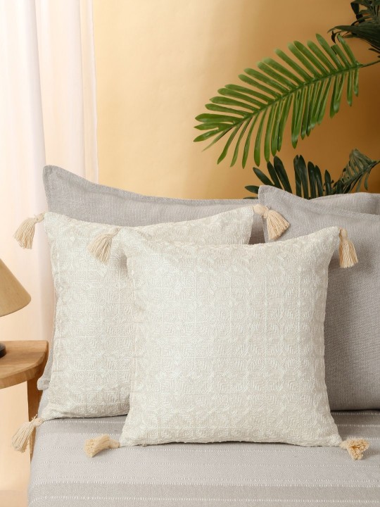 White 2 Pieces Embroidered Square Tasselled Cushion Covers for Bedroom Decor