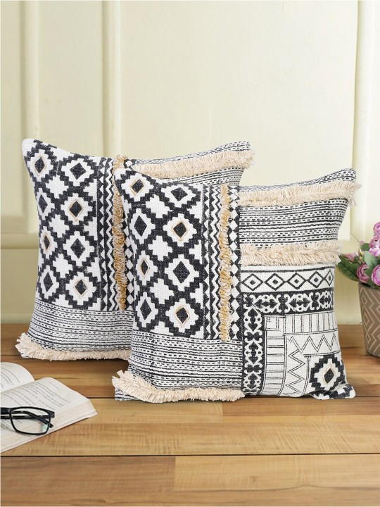 White & Black 2 Pieces Cotton Geometric Square Cushion Covers