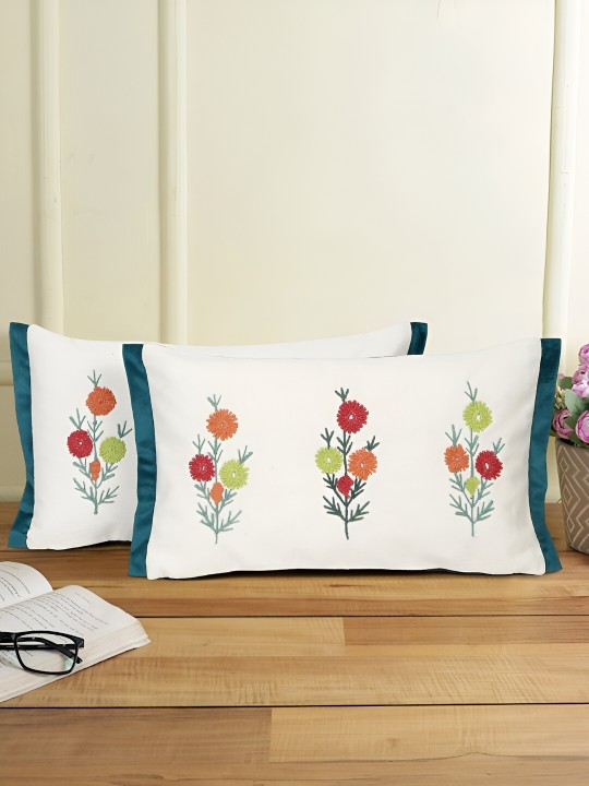 White & Blue Floral Cotton Cushion Covers Set of 2 | Rectangular Piped Throw Pillow Covers for Living Room Decor