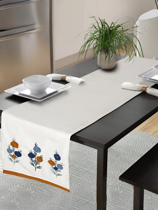 White & Blue Embroidered Cotton Table Runner | Handloom Dining Accessory
