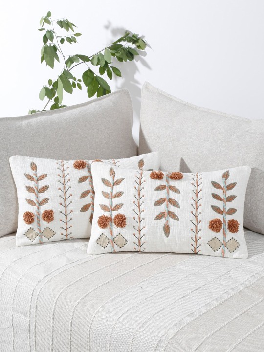 White & Brown 2 Pieces Cotton Embroidered Rectangle Cushion Covers