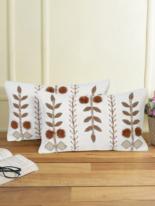White & Grey 2 Pieces Cotton Embroidered Rectangle Cushion Covers