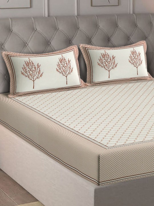 White & Brown Floral 180 TC King Bedsheet with 2 Pillow Covers