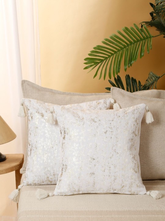 White & Gold Toned 2 Pieces Embroidered Cushion Covers