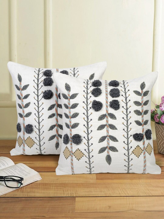 White & Green 2 Pieces Embroidered Square Cotton Cushion Covers