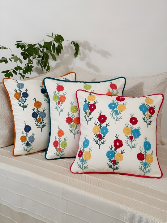 White & Pink 2 Pieces Embroidered Square Cotton Cushion Covers