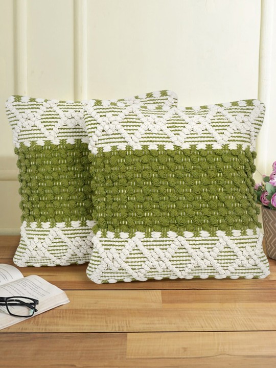 White & Green Self Design Cotton Cushion Covers | 2 Piece Cotton Square Set for Home Decor