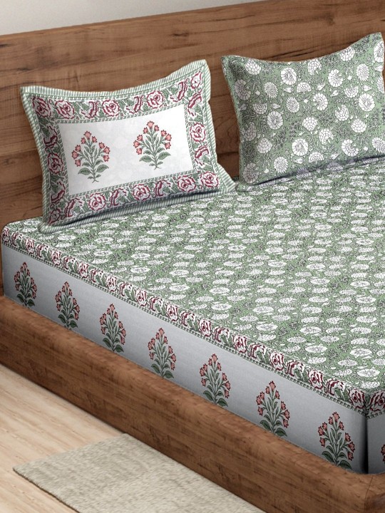 White & Green Floral 180 TC King Bedsheet with 2 Pillow Covers