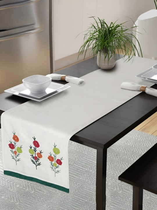 White & Green Floral Embroidered Cotton Table Runner