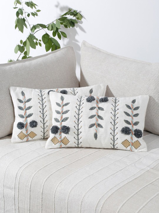White & Grey 2 Pieces Cotton Embroidered Rectangle Cushion Covers