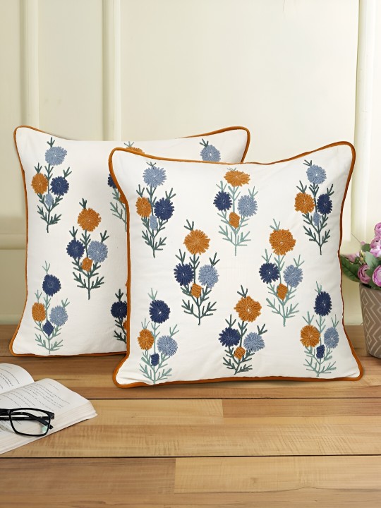 White & Orange 2 Pieces Embroidered Square Cotton Cushion Covers