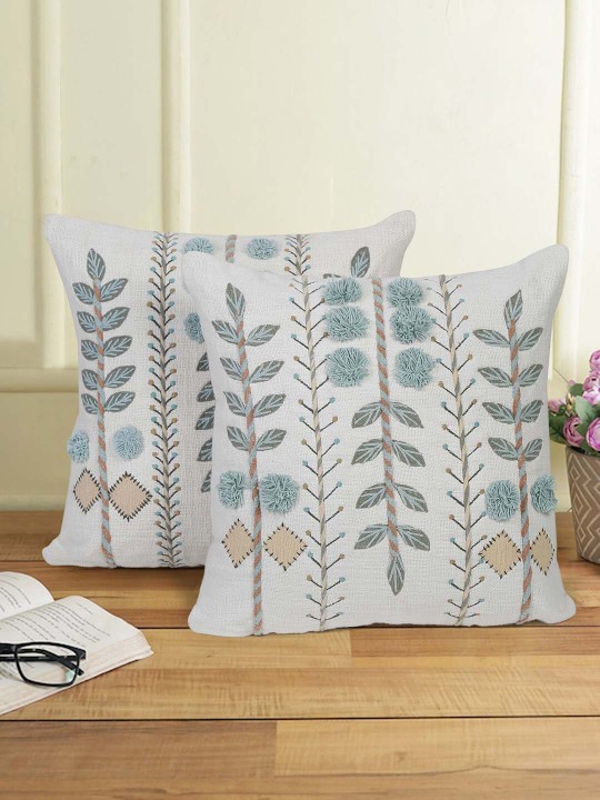 White & Peach-Coloured 2 Pieces Cotton Embroidered Square Cushion Covers