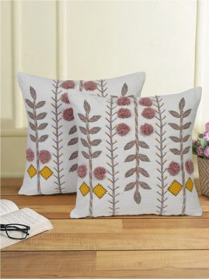 White & Pink 2 Pieces Cotton Embroidered Square Cushion Covers