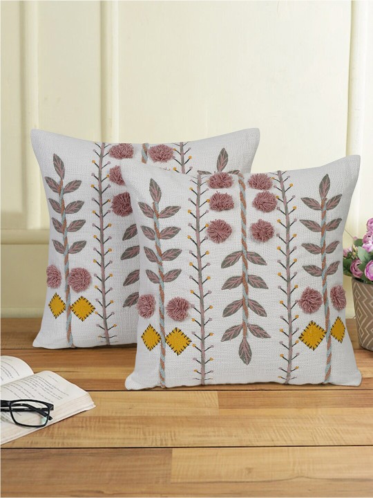 White & Pink 2 Pieces Cotton Embroidered Square Cushion Covers