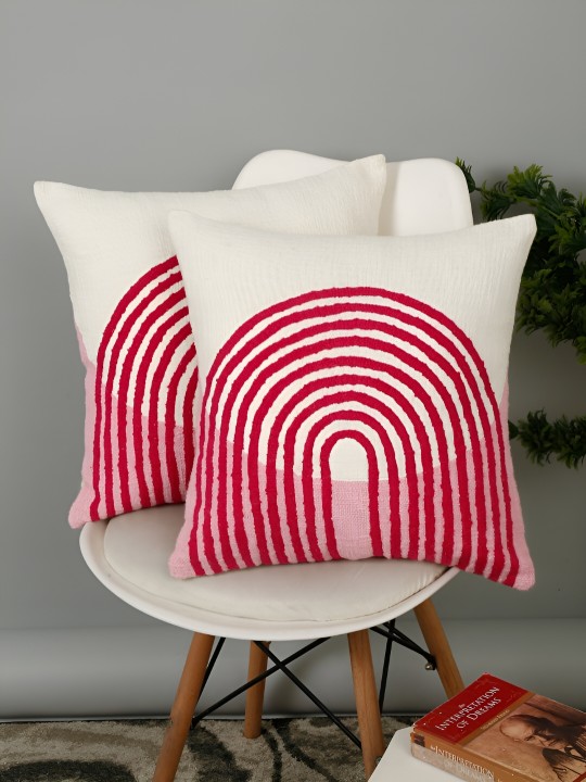 White & Pink Abstract Cotton Cushion Covers Set of 2 | Modern Square Throw Pillow Covers