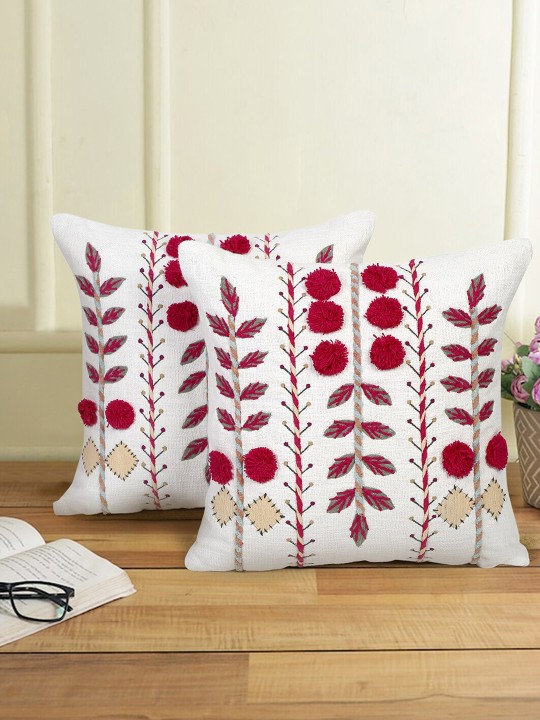 White & Red 2 Pieces Cotton Embroidered Square Cushion Covers