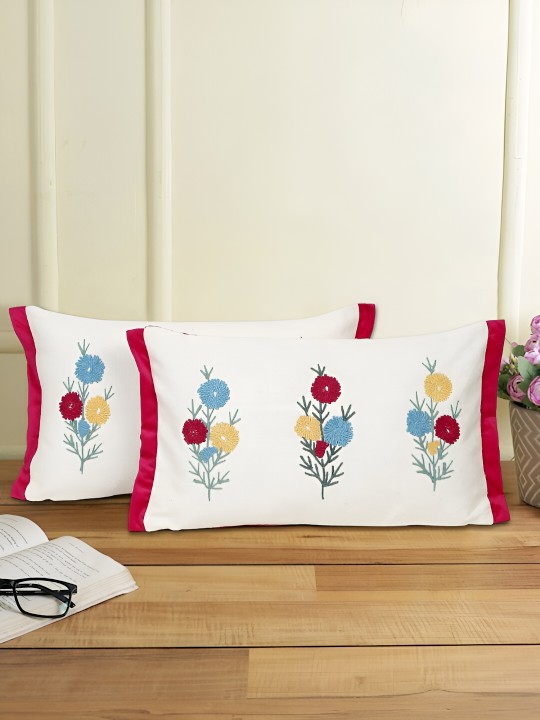 White & Red 2 Pieces Embroidered Rectangle Cotton Cushion Covers