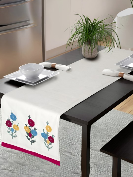 White & Red Embroidered Pure Cotton Table Runner