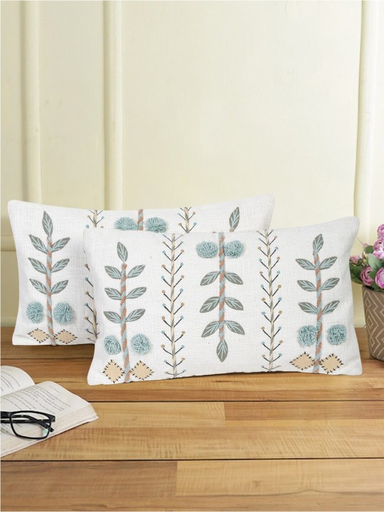 White & Turquoise Blue 2 Pieces Cotton Embroidered Rectangle Cushion Covers