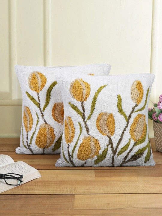 White & Yellow 2 Pcs Floral Self Design Textured Cotton Square Cushion Covers