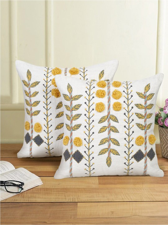 White & Yellow 2 Pieces Cotton Embroidered Square Cushion Covers