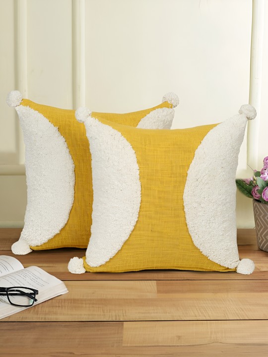 White & Yellow 2 Pieces Embroidered Square Cotton Cushion Covers