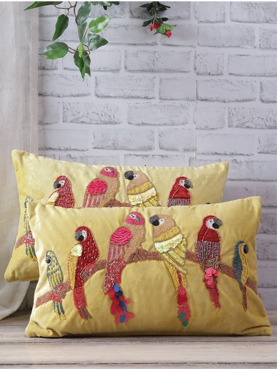 Yellow & Red Velvet Embellished Cushion Covers | Set of 2 Rectangle Pillow Covers
