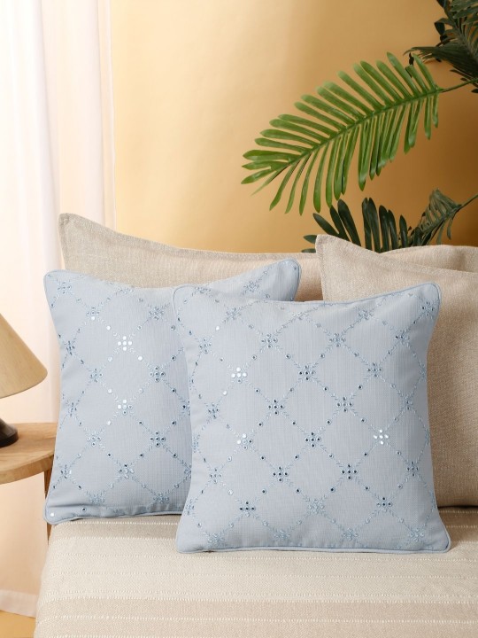 Turquoise Blue Mirror Work Cushion Covers | 2 Piece Embellished Set for Bedroom