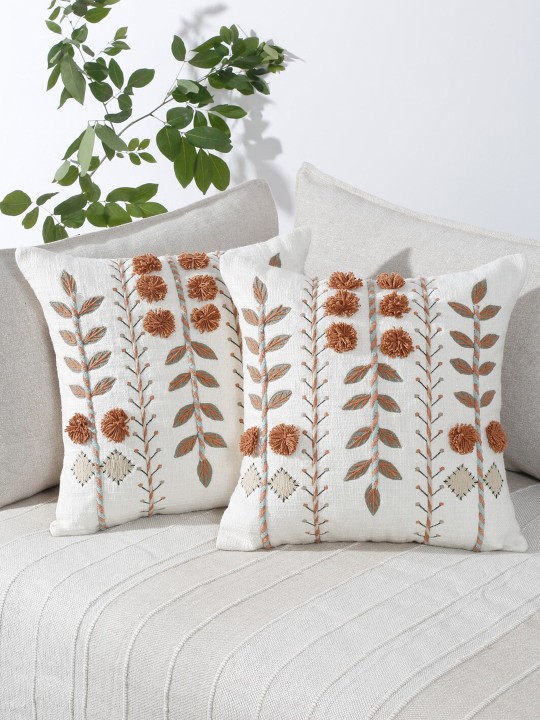 White & Brown 2 Pieces Cotton Embroidered Square Cushion Covers
