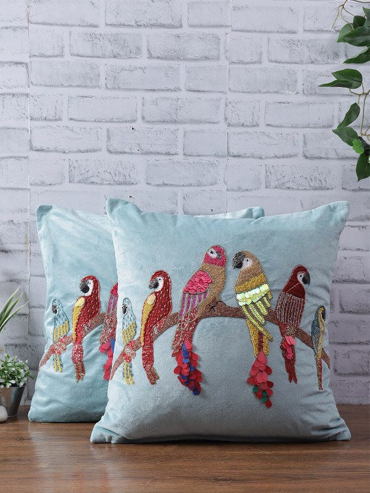 Turquoise Blue & Pink Velvet Embellished Cushion Covers | Set of 2 Rectangle Pillow Covers