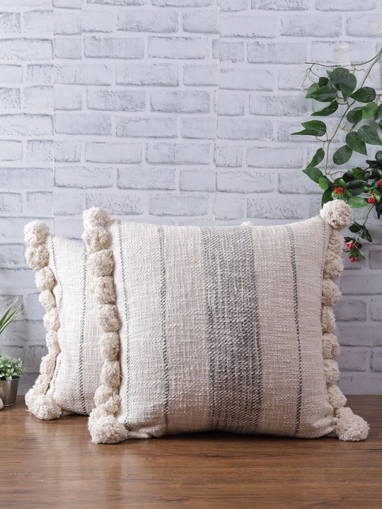 Set of 2 Cream & Grey Striped Cotton Cushion Covers | Square Throw Pillow Covers