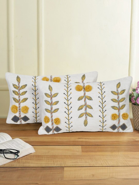 White & Yellow 2 Pieces Cotton Embroidered Rectangle Cushion Covers