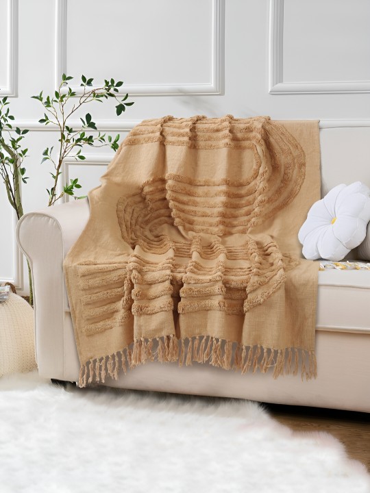 Beige Tufted Cotton Throw Blanket