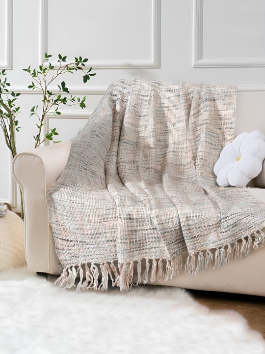 White & Blue Woven Design Throw Blanket