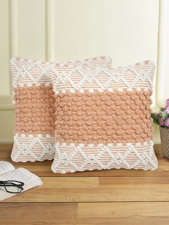 White & Peach Cotton Cushion Covers | 2 Piece Quirky Square Set for Living Room Decor