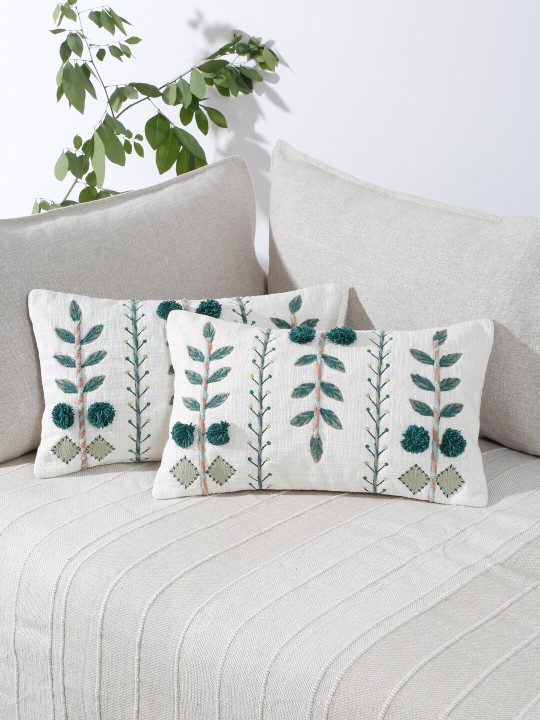 White & Green 2 Pieces Cotton Embroidered Rectangle Cushion Covers