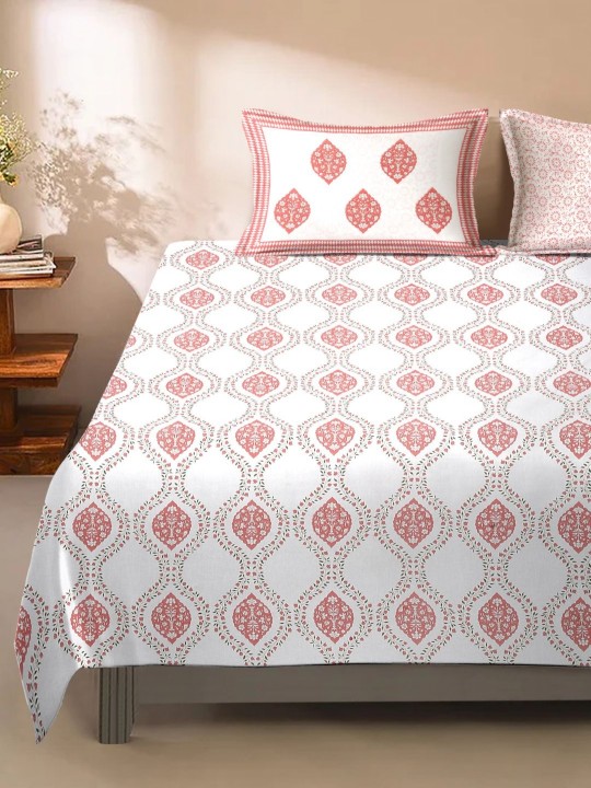 White & Pink Floral 210 TC King Bedsheet with 2 Pillow Covers